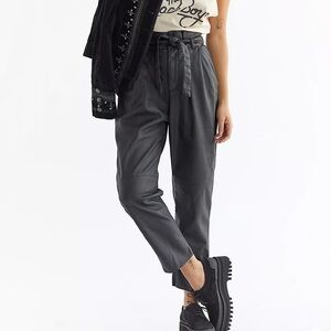 Free People Nightfall Vegan Pants Black Faux Leather Sz 4 w/Paperbag Waist
